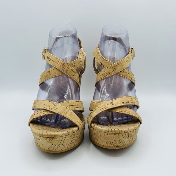 BP Womens Shoes Size 9 M Cork Strappy Wedge Ankle Strap High Heels Sandals - Picture 4 of 13